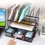 gianotter Desk Organizers and Accessories, Office Supplies Desk Organizer with Sliding Drawer, Double Tray and 5 Upright Sections (Black) - Image 5